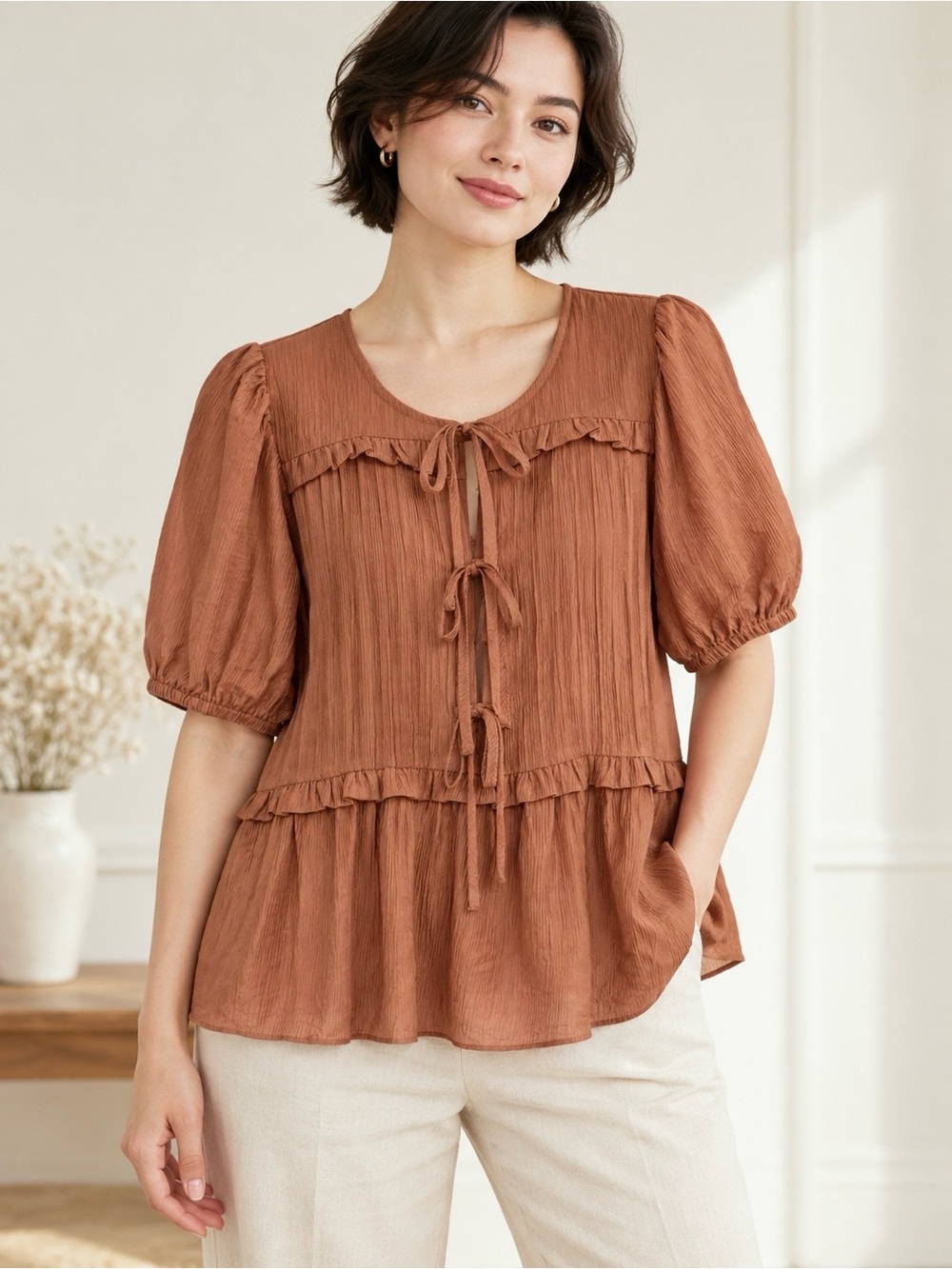 LAURA ASHLEY Satin 3 Rows of Bows Boho Blouse Texture Ruffle Accents Round Neck